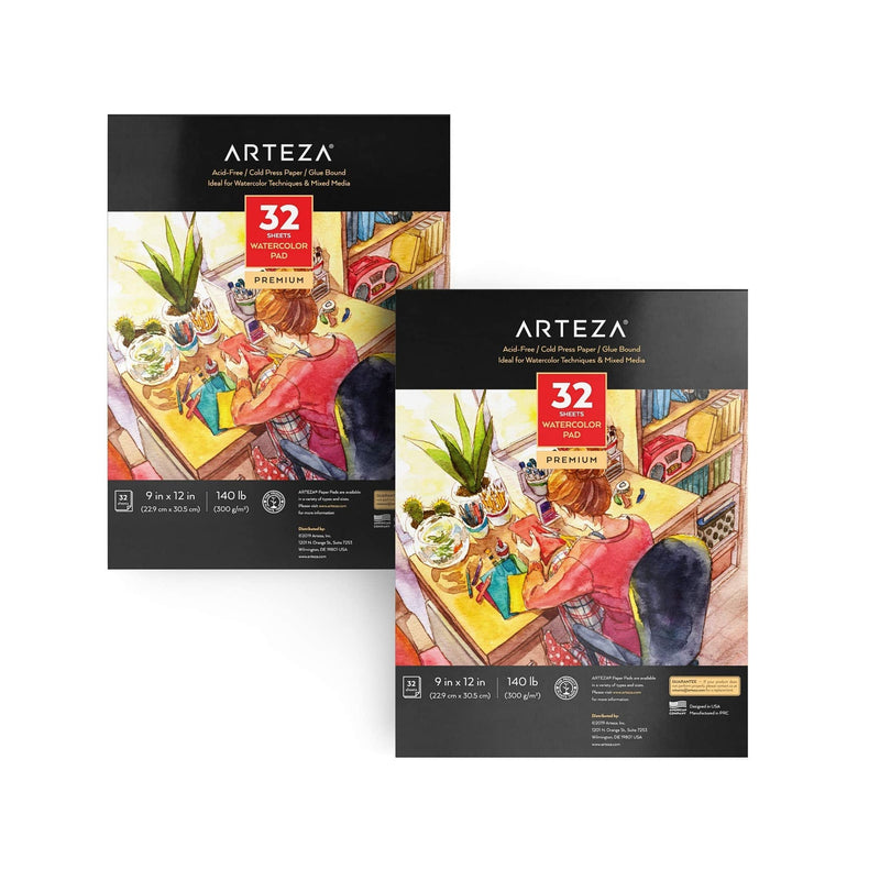 Arteza 9"x12" Watercolor Pad | 1Pack | 32 Sheets | 140lb/300gsm | Glue Bound |Cold Pressed