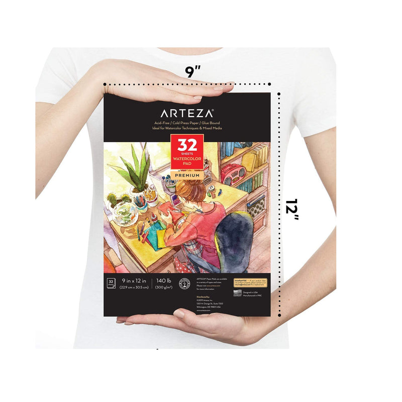 Arteza 9"x12" Watercolor Pad | 1Pack | 32 Sheets | 140lb/300gsm | Glue Bound |Cold Pressed