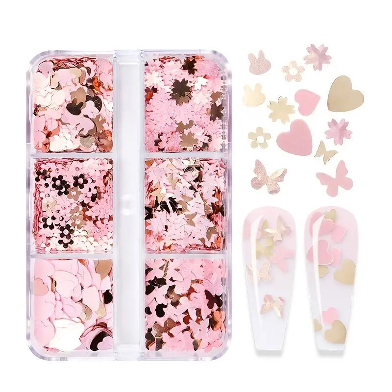 6 Grids Pink Sequin Nail Decoration Kit 3D Gold Flake Butterfly Flower Heart Nail Art Charm Parts For UV Gel Manicure Design