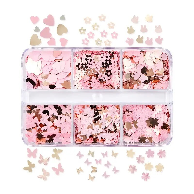 6 Grids Pink Sequin Nail Decoration Kit 3D Gold Flake Butterfly Flower Heart Nail Art Charm Parts For UV Gel Manicure Design