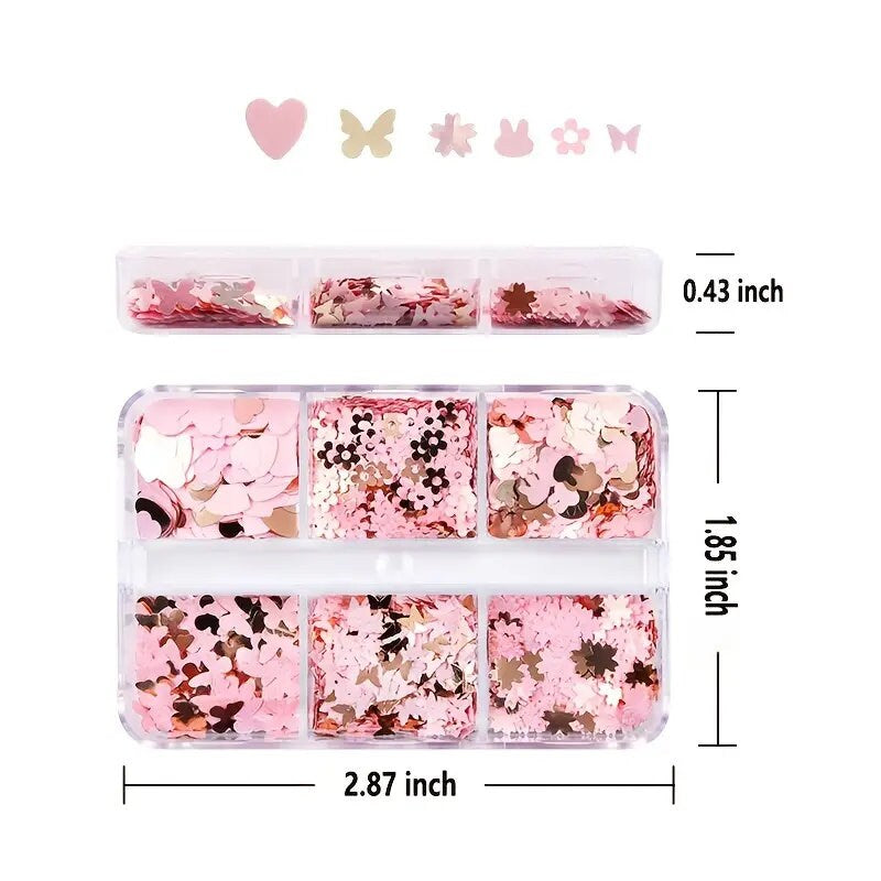 6 Grids Pink Sequin Nail Decoration Kit 3D Gold Flake Butterfly Flower Heart Nail Art Charm Parts For UV Gel Manicure Design