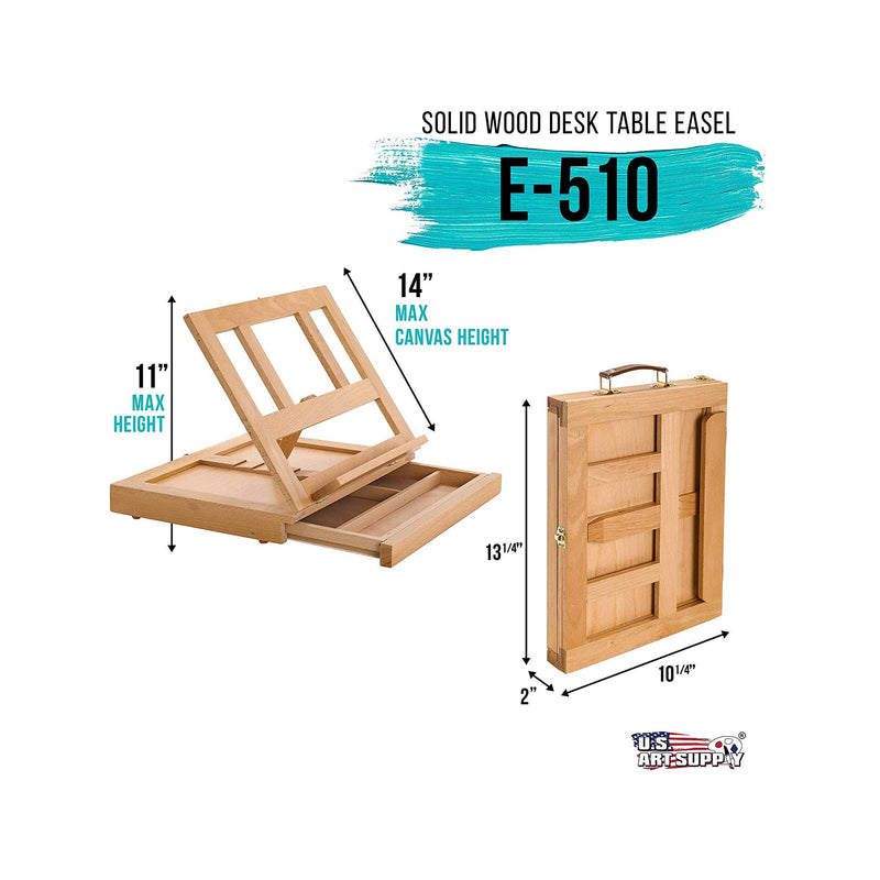 U.S. Art Supply Solana Adjustable Wood Desk Table Easel with Storage Drawer | Paint Palette | Premium Beechwood