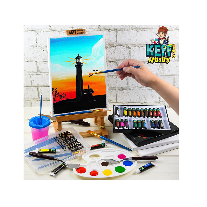 KEFF Acrylic Paint Set for Adults | 54 Piece Art Painting Supplies Kit with Paint Easel | Brushes | Canvas