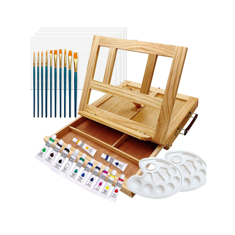 ART QIDOO Art Table Easel for Painting and Drawing | Adjustable Wood Easel Stand with Canvas |  Acrylic Paint