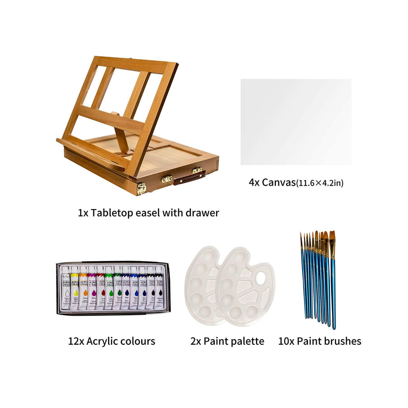 ART QIDOO Art Table Easel for Painting and Drawing | Adjustable Wood Easel Stand with Canvas |  Acrylic Paint
