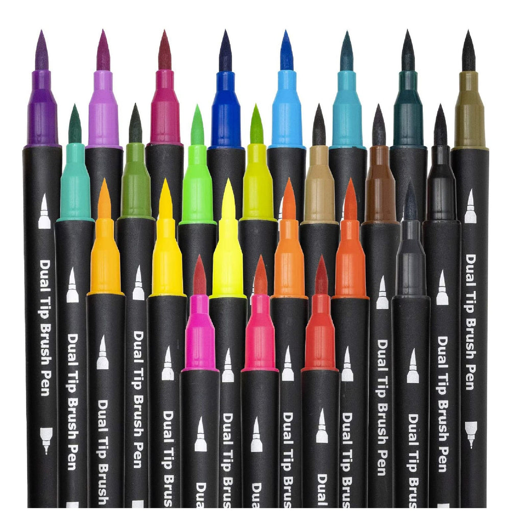 Dual Brush Marker Pens, 24 Colors Felt Tip Pen Set, Outline