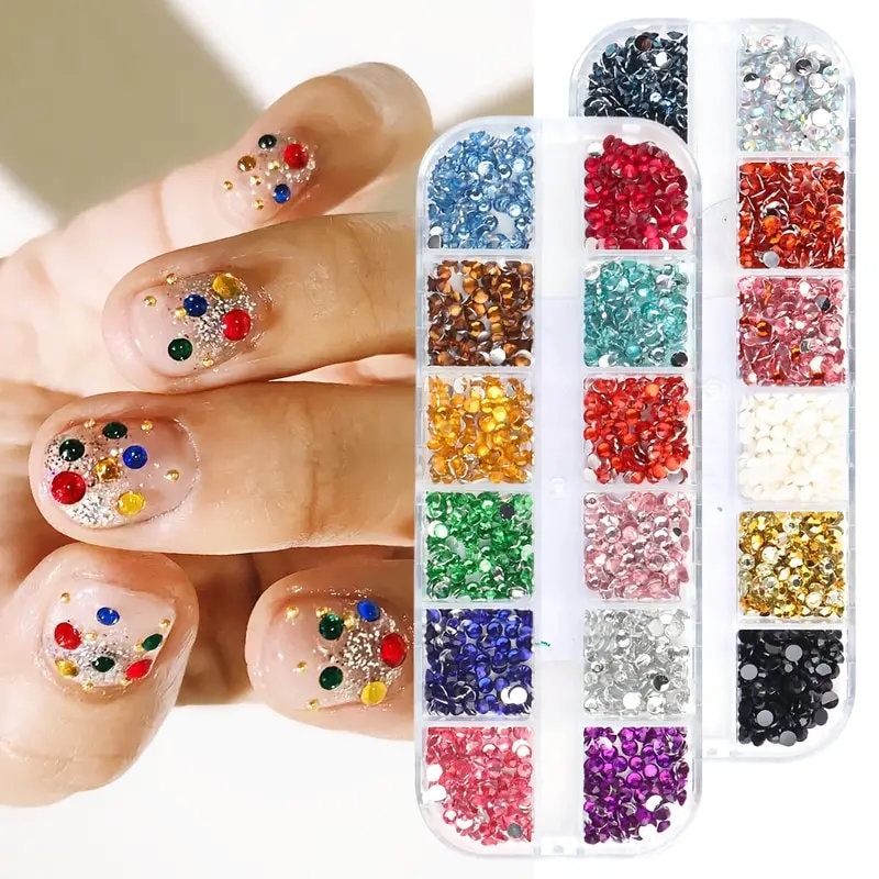Nail Art Artificial Rhinestones Kit | 24 Colors Flat Back Nail Stones 3D Crystal Nail Art Supplies, Resin Artificial Rhinestones AB Pearl