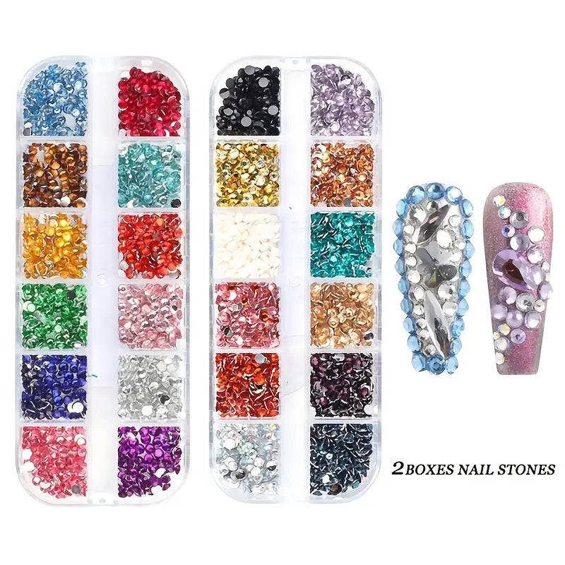 Nail Art Artificial Rhinestones Kit | 24 Colors Flat Back Nail Stones 3D Crystal Nail Art Supplies, Resin Artificial Rhinestones AB Pearl