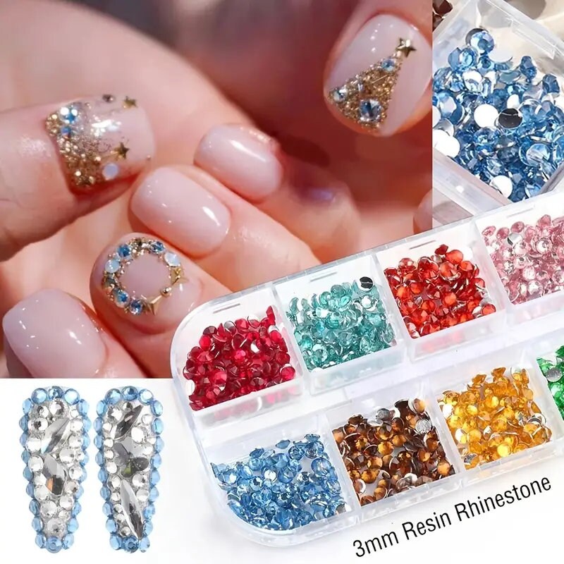 Nail Art Artificial Rhinestones Kit | 24 Colors Flat Back Nail Stones 3D Crystal Nail Art Supplies, Resin Artificial Rhinestones AB Pearl