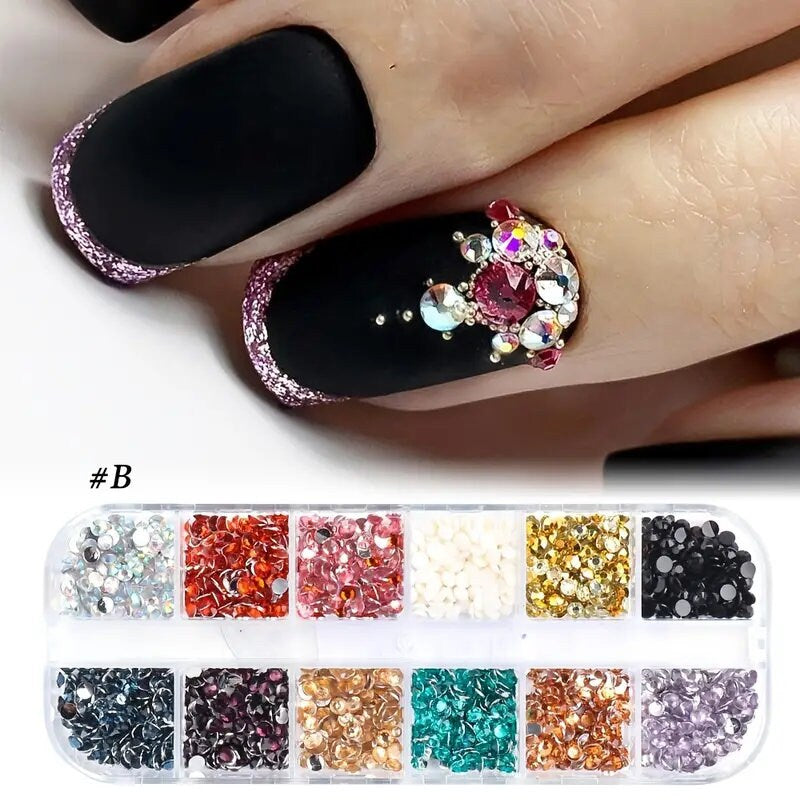 Nail Art Artificial Rhinestones Kit | 24 Colors Flat Back Nail Stones 3D Crystal Nail Art Supplies, Resin Artificial Rhinestones AB Pearl