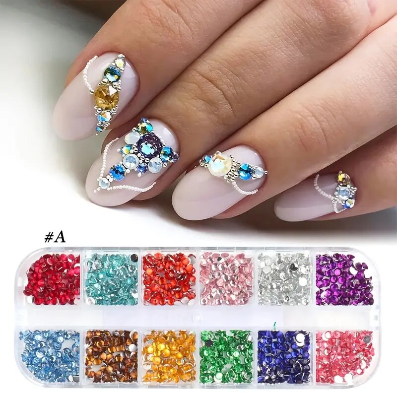 Nail Art Artificial Rhinestones Kit | 24 Colors Flat Back Nail Stones 3D Crystal Nail Art Supplies, Resin Artificial Rhinestones AB Pearl