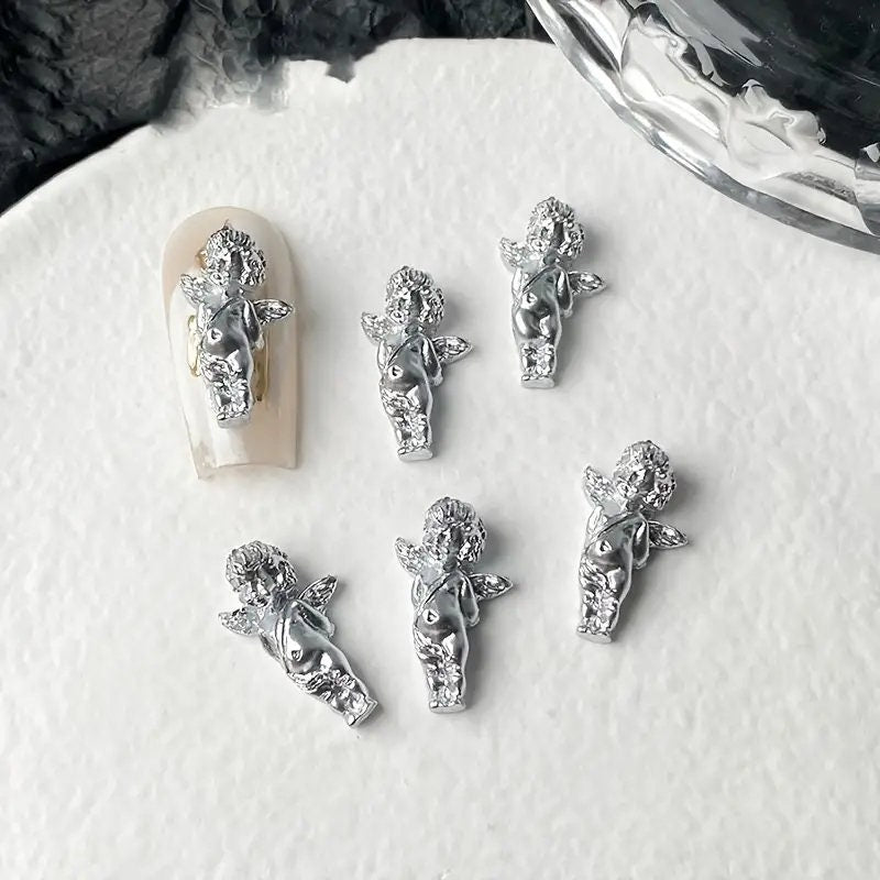 Valentines Silvery Cupid Charms 3D Nail Art Charms Decoration | Sparkly Flat Back Artificial Gems Jewels Diamond For Women Girls