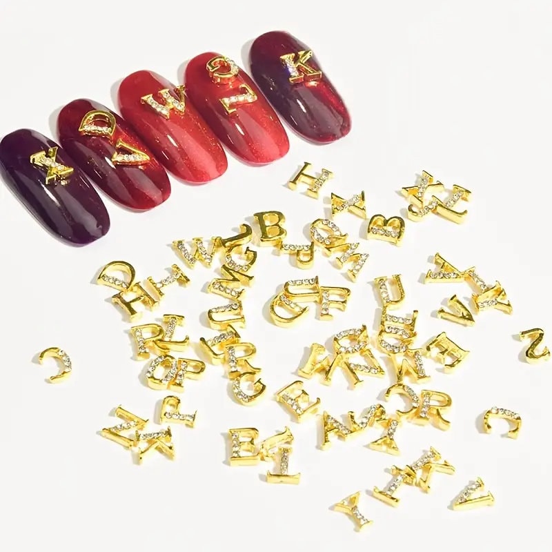 3D Metal Letter Nail Studs Decoration Glitter Golden Capital English Letters And Rhinestone Combination Set DIY Designs Supplies For Women