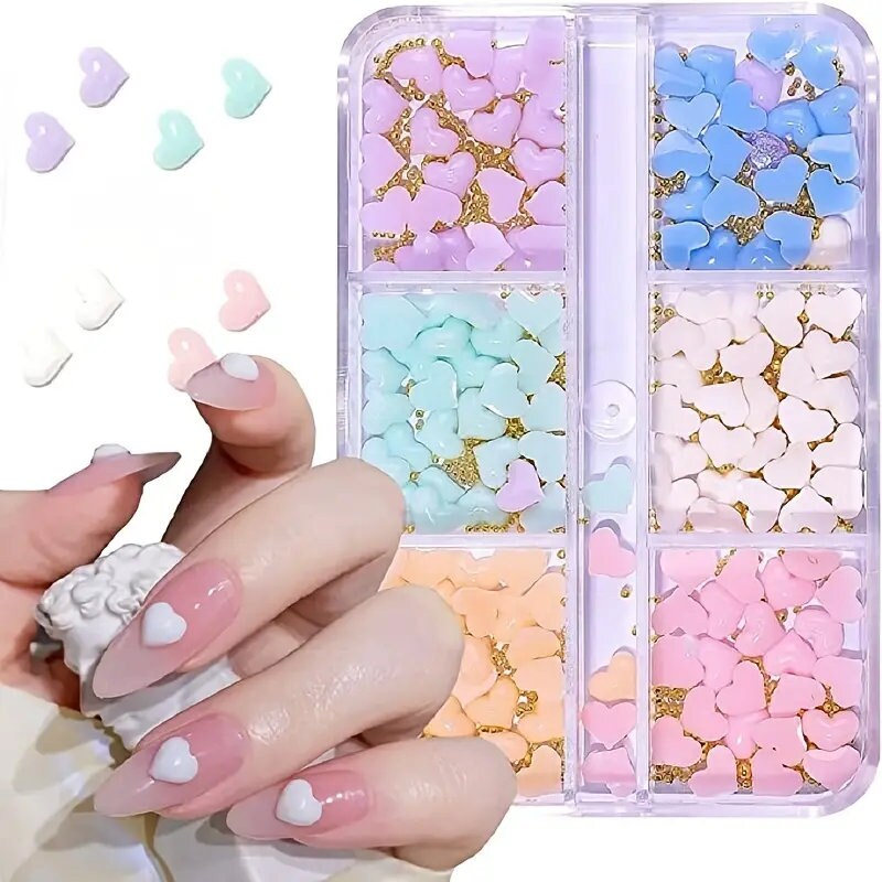 100Pcs Heart Nail Art Decals Heart Nail Glitter White Pink Heart Nail Art Decorations Purple Blue 3D Heart Nail Charms Resin Jewelry Parts