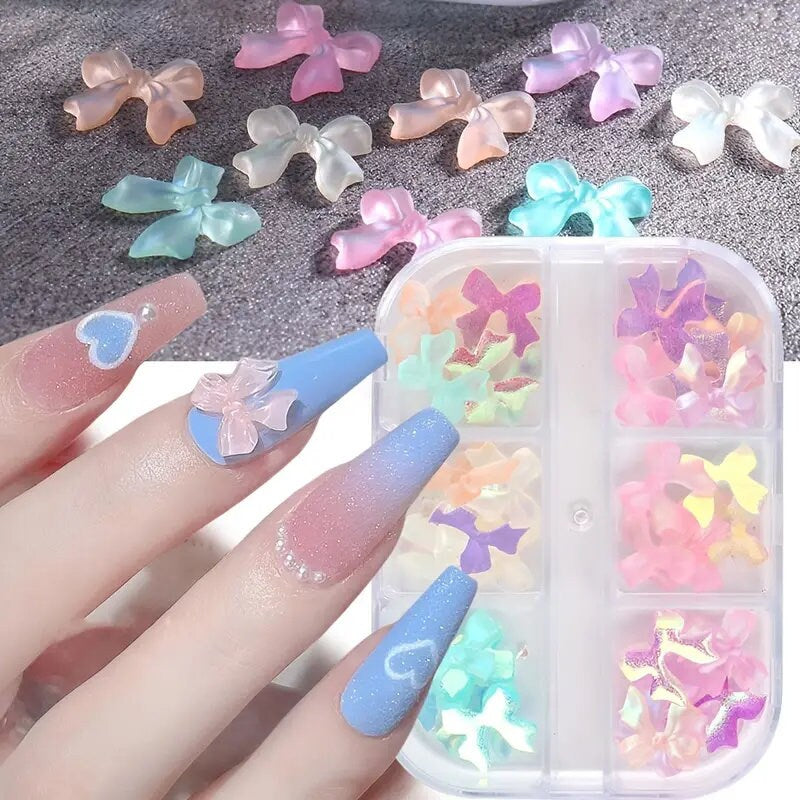 6 Grids Bow Nail Charms Butterfly Bow-Knot Nail Art Stud Rhinestones Crystal Sequins 3D Colorful Acrylic Nail Accessories