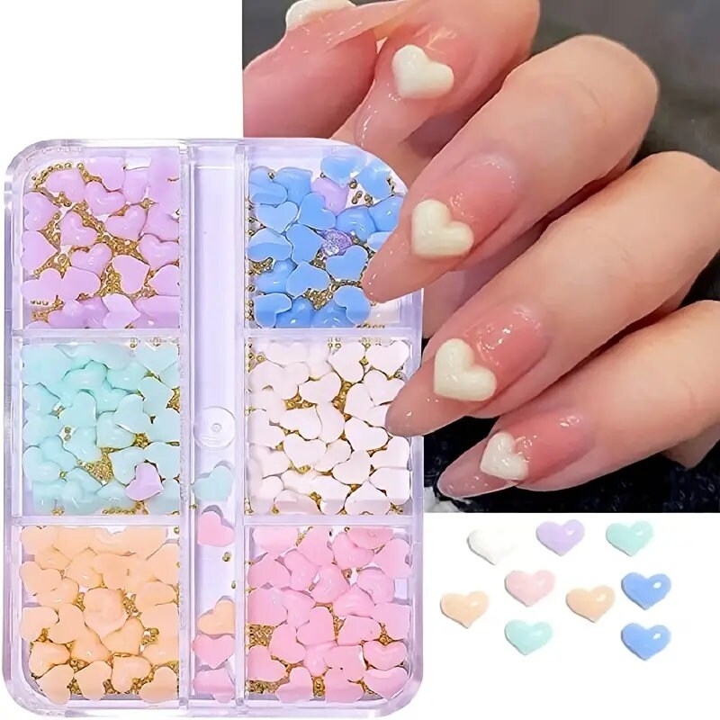 100Pcs Heart Nail Art Decals Heart Nail Glitter White Pink Heart Nail Art Decorations Purple Blue 3D Heart Nail Charms Resin Jewelry Parts