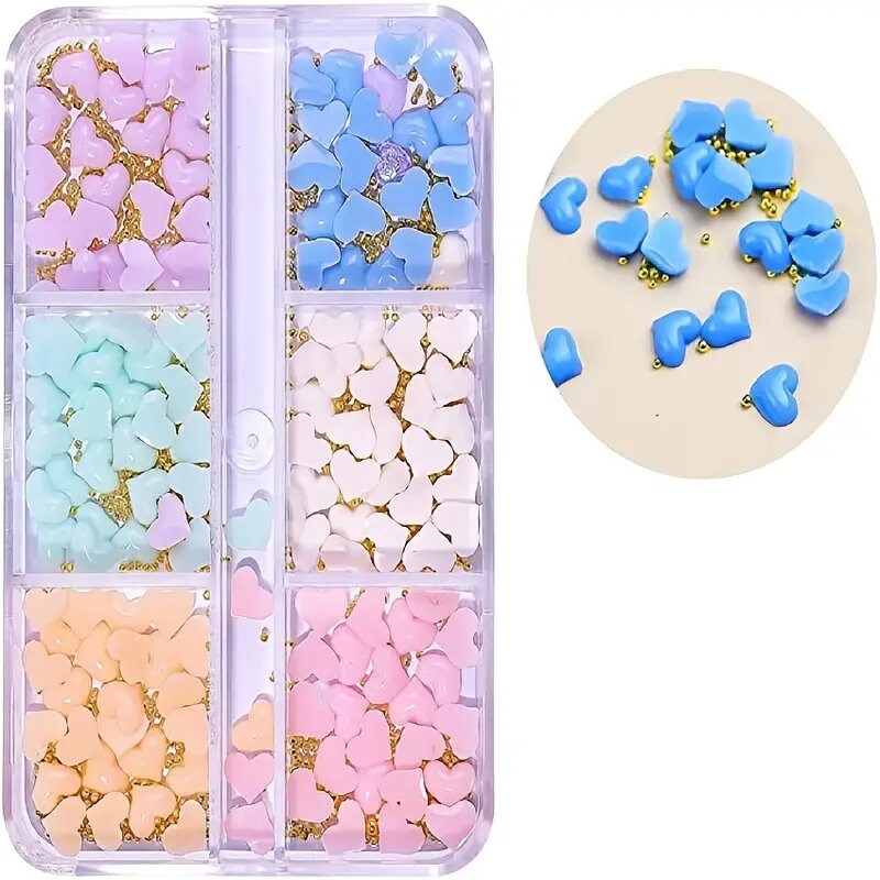 100Pcs Heart Nail Art Decals Heart Nail Glitter White Pink Heart Nail Art Decorations Purple Blue 3D Heart Nail Charms Resin Jewelry Parts