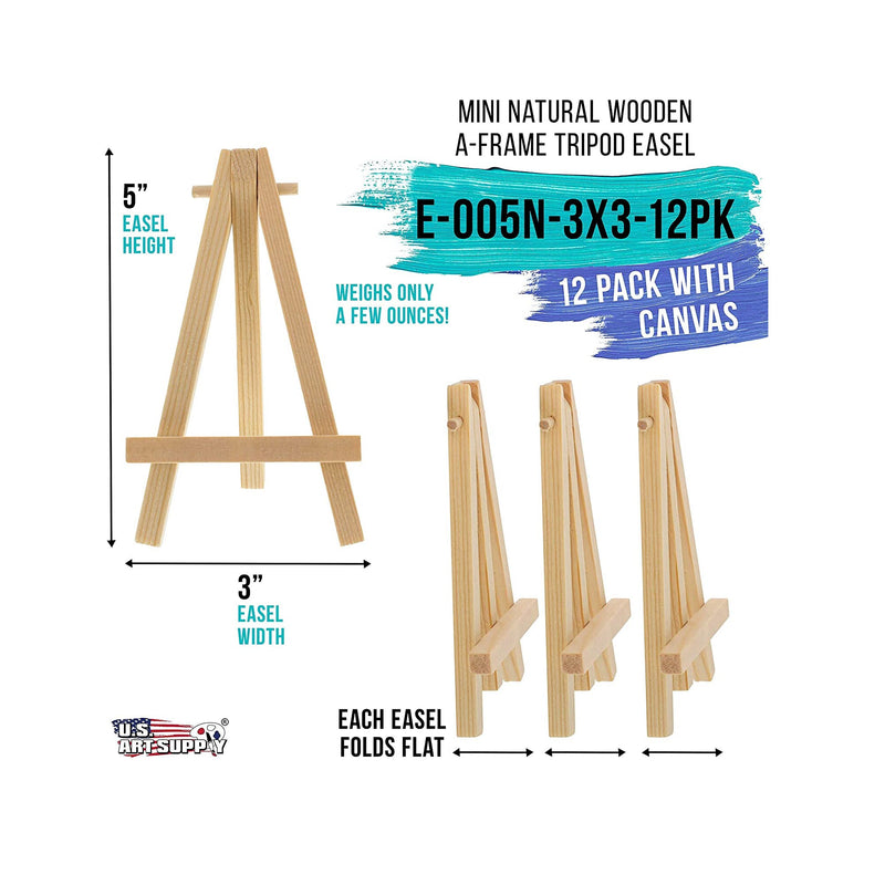 U.S. Art Supply 3" x 3" Stretched Canvas with 5" Mini Natural Wood Display Easel Kit (Pack of 12)