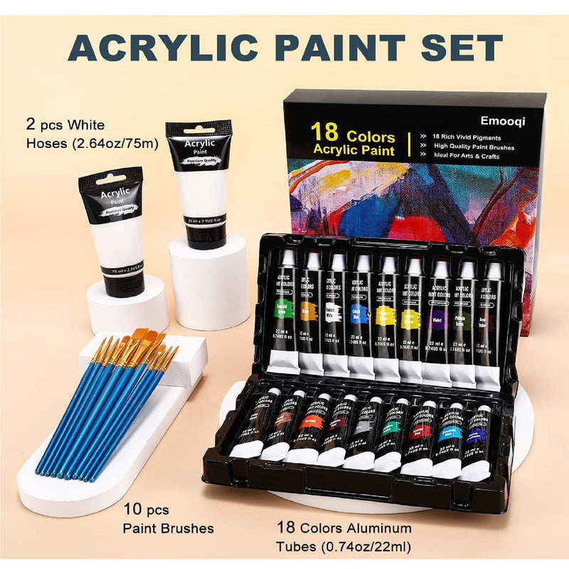 Acrylic Paint Set | Emooqi 18 Colors (22Ml) + 2 White (2.54Oz/75Ml) | No Fading