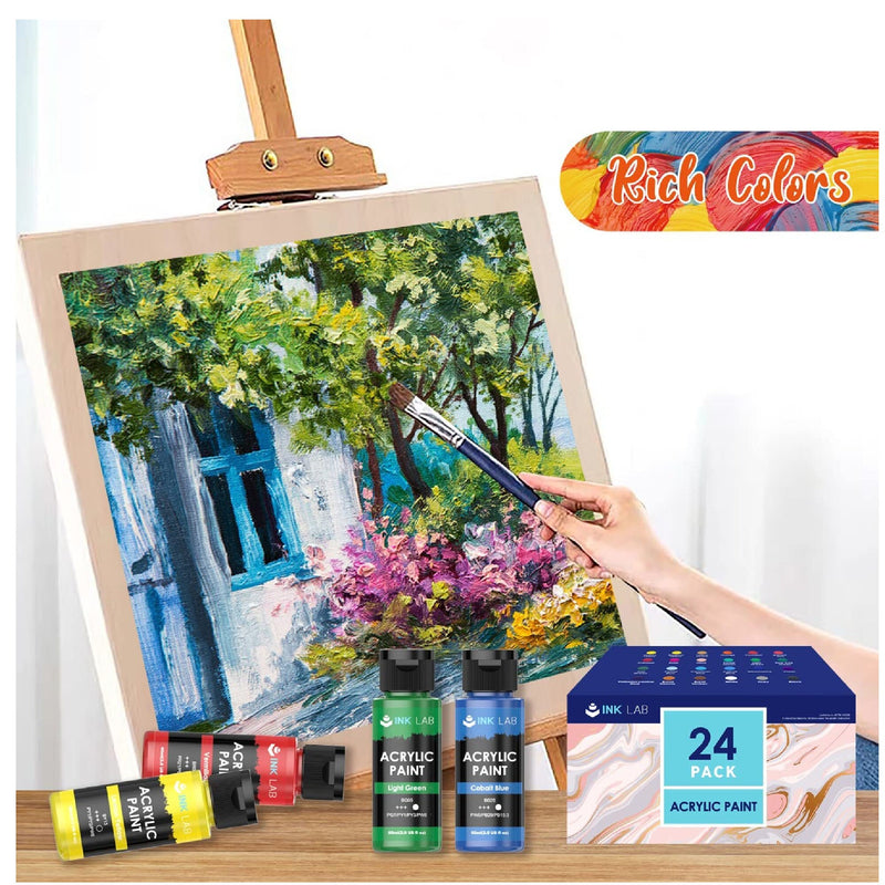 Premium Quality Acrylic Paint Set 24 Colors - 1.28Oz (38ml) - with 6 Nylon Brushes - Safe for Kids & Adults - Perfect Kit for Beginners, Pros & Artist