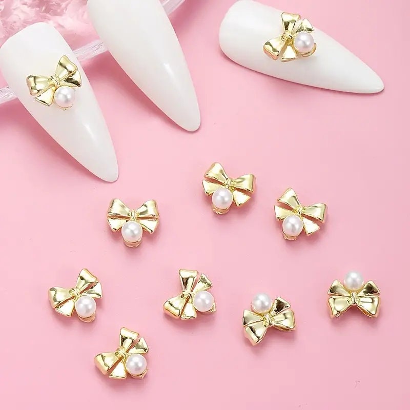 3D Bow Tie Nail Art Charms | Golden Metal Bow Tie With Artificial Pearl | For Manicure Craft DIY Nail Art Decorations