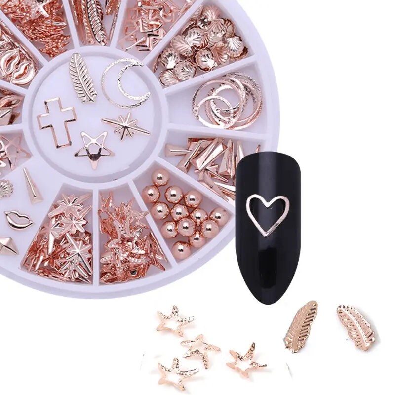 1 Box Pretty Rose Gold Starfish Shell Rivet Nail Studs Bead 3D Nail Art Decoration Circle Round Square Triangle Nail Wheel Tips Decoration