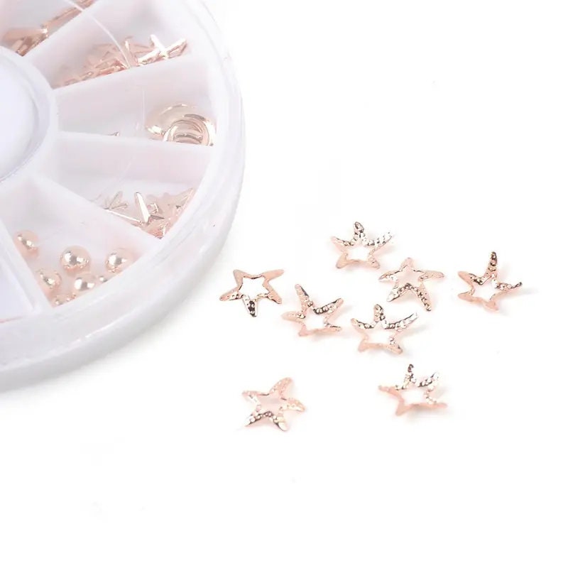 1 Box Pretty Rose Gold Starfish Shell Rivet Nail Studs Bead 3D Nail Art Decoration Circle Round Square Triangle Nail Wheel Tips Decoration