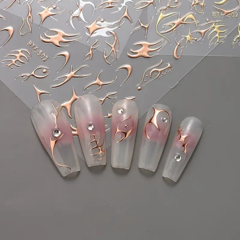 Nail Art Stickers Golden Rose Silver 3D Hollow Decals Mixed Irregular Designs Self Adhesive Fish Bone Nail Tips Decorations Salon