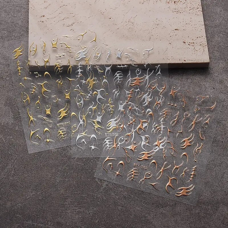 Nail Art Stickers Golden Rose Silver 3D Hollow Decals Mixed Irregular Designs Self Adhesive Fish Bone Nail Tips Decorations Salon