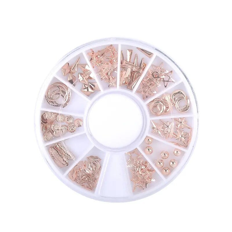 1 Box Pretty Rose Gold Starfish Shell Rivet Nail Studs Bead 3D Nail Art Decoration Circle Round Square Triangle Nail Wheel Tips Decoration