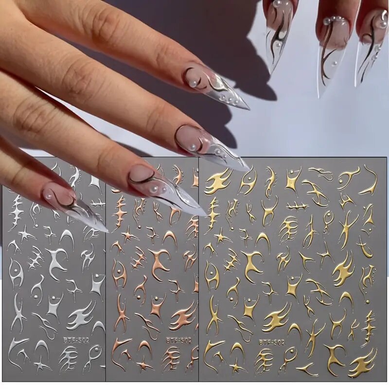 Nail Art Stickers Golden Rose Silver 3D Hollow Decals Mixed Irregular Designs Self Adhesive Fish Bone Nail Tips Decorations Salon