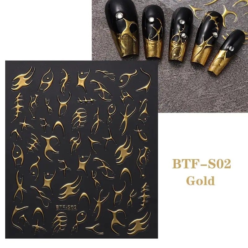 Nail Art Stickers Golden Rose Silver 3D Hollow Decals Mixed Irregular Designs Self Adhesive Fish Bone Nail Tips Decorations Salon