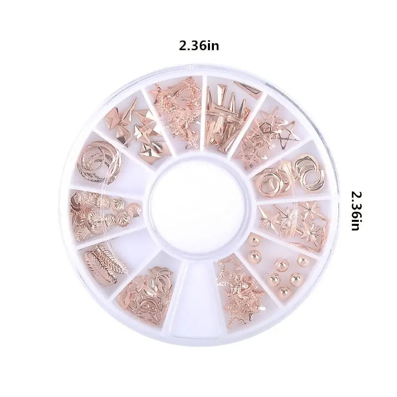 1 Box Pretty Rose Gold Starfish Shell Rivet Nail Studs Bead 3D Nail Art Decoration Circle Round Square Triangle Nail Wheel Tips Decoration