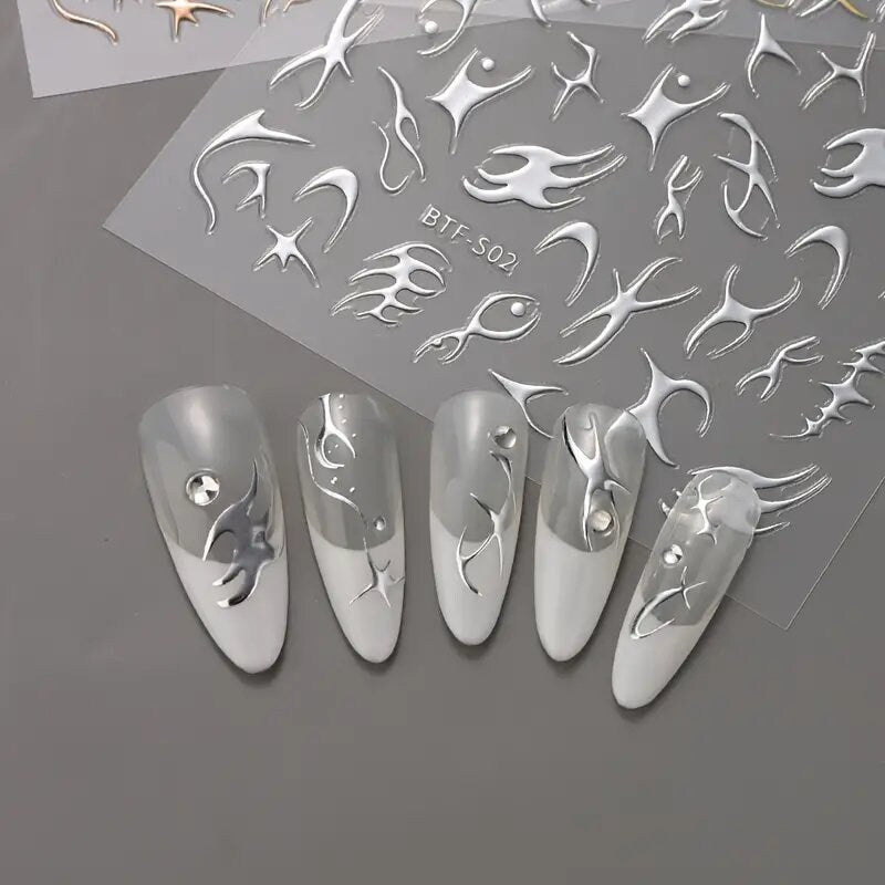 Nail Art Stickers Golden Rose Silver 3D Hollow Decals Mixed Irregular Designs Self Adhesive Fish Bone Nail Tips Decorations Salon