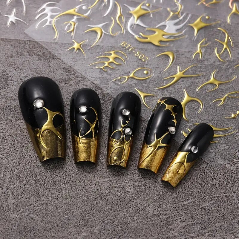 Nail Art Stickers Golden Rose Silver 3D Hollow Decals Mixed Irregular Designs Self Adhesive Fish Bone Nail Tips Decorations Salon