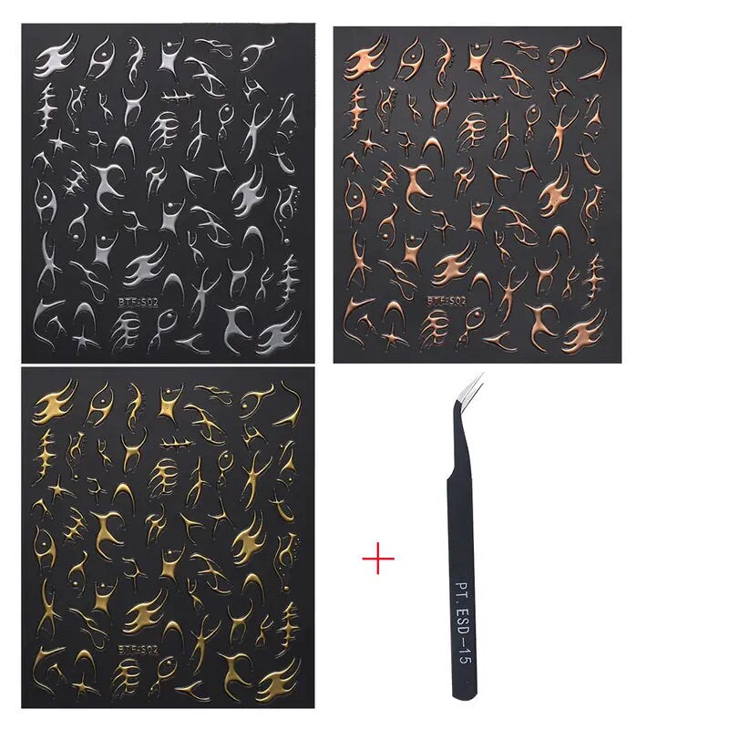 Nail Art Stickers Golden Rose Silver 3D Hollow Decals Mixed Irregular Designs Self Adhesive Fish Bone Nail Tips Decorations Salon