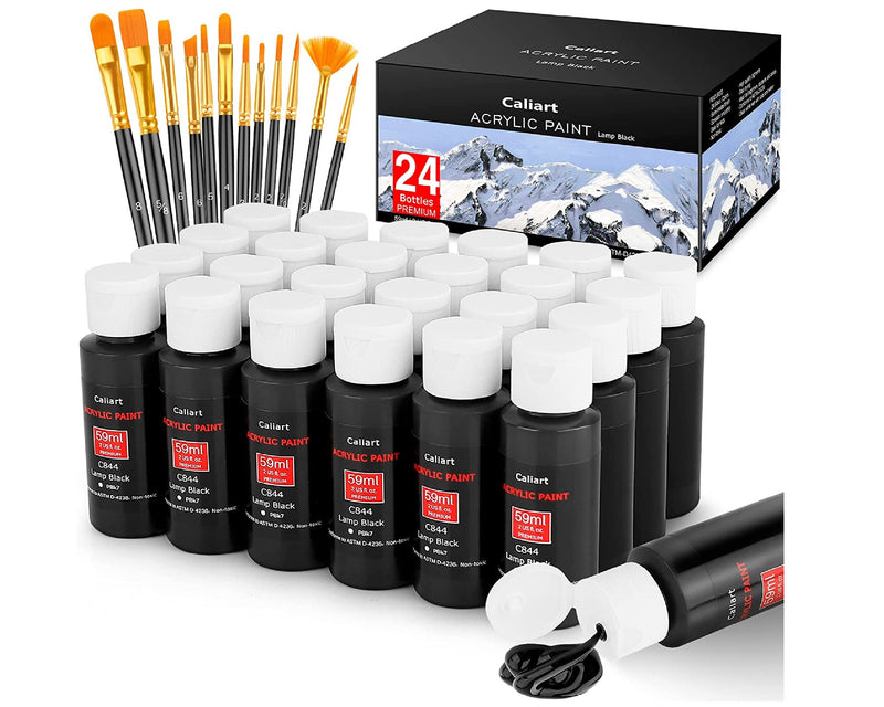 Caliart Black Acrylic Paint Set | 48 Fluid Ounces | 1416 Ml With 12 Brushes | 24 Bottles