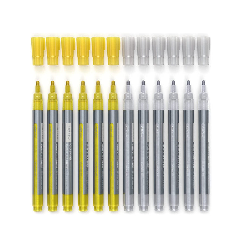 Metallic Oil-Based Paint Markers | 12-Pack | 6 Silver and 6 Gold | 1.3 mm Line | Small Barrel