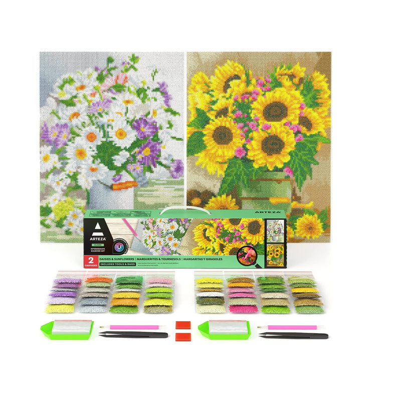 5D Diamond Painting Kit | 2 Pack | Style Daisies & Sunflowers | Full-Drill Diamond Art for Adults | 12 x 16 Inches Canvases