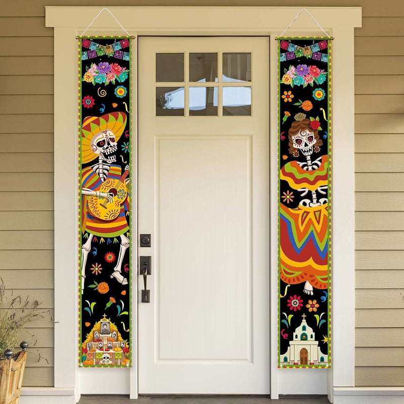 Allenjoy Mexican Day of the Dead Porch Signs Hanging Wall Door Banner Skeleton Guitar Decorations Polyester | 11.8x70.9 Inch 2PCS