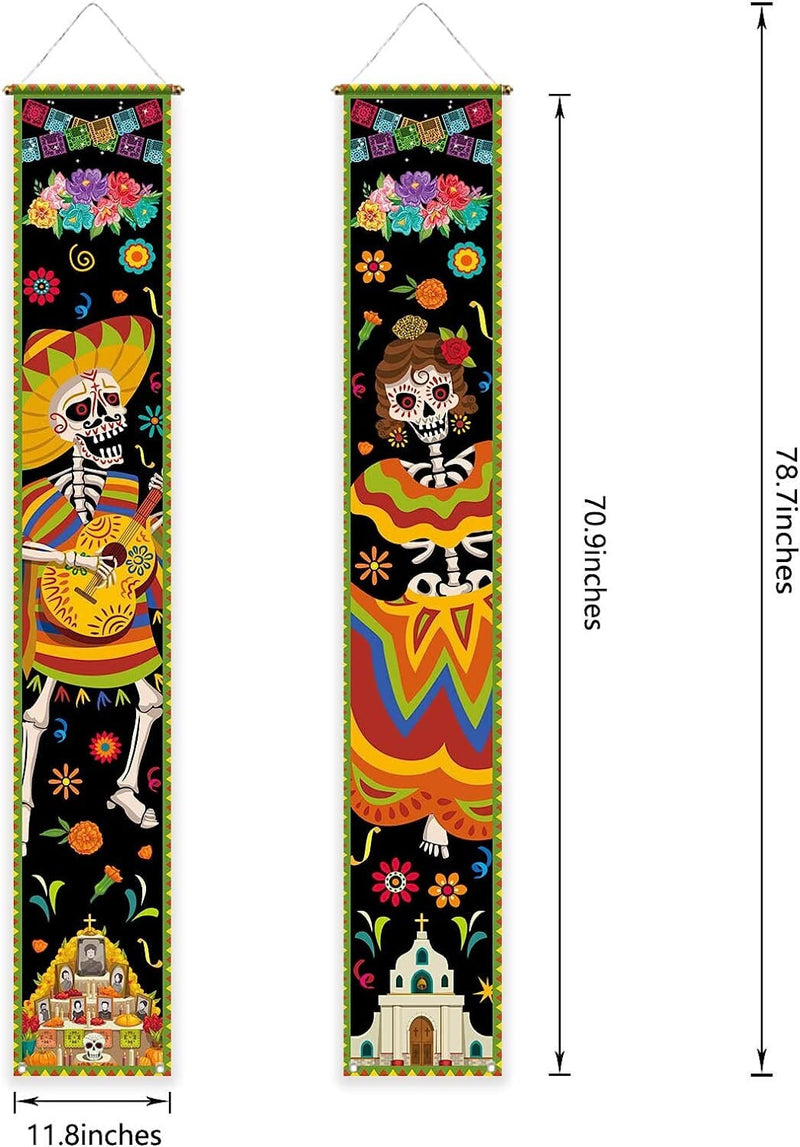 Allenjoy Mexican Day of the Dead Porch Signs Hanging Wall Door Banner Skeleton Guitar Decorations Polyester | 11.8x70.9 Inch 2PCS