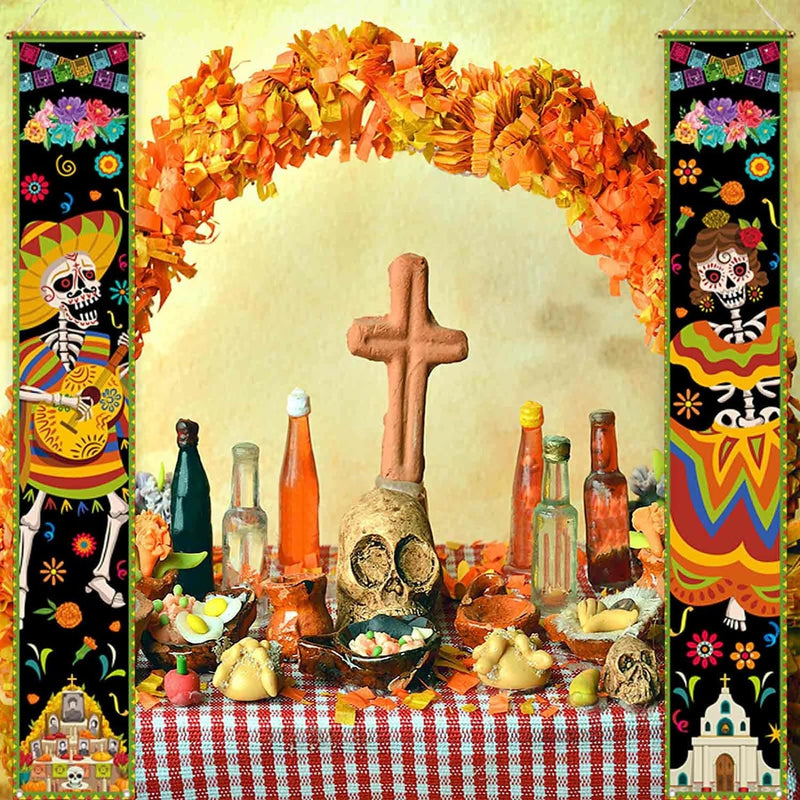 Allenjoy Mexican Day of the Dead Porch Signs Hanging Wall Door Banner Skeleton Guitar Decorations Polyester | 11.8x70.9 Inch 2PCS