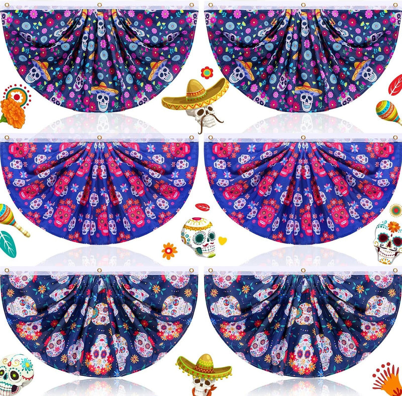 6 Pieces Halloween Bunting Flag Day of The Dead Bunting Flag Pleated Fan Flag 1.5 x 3 Feet Flag Bunting for Porch Yard Hanging Bunting