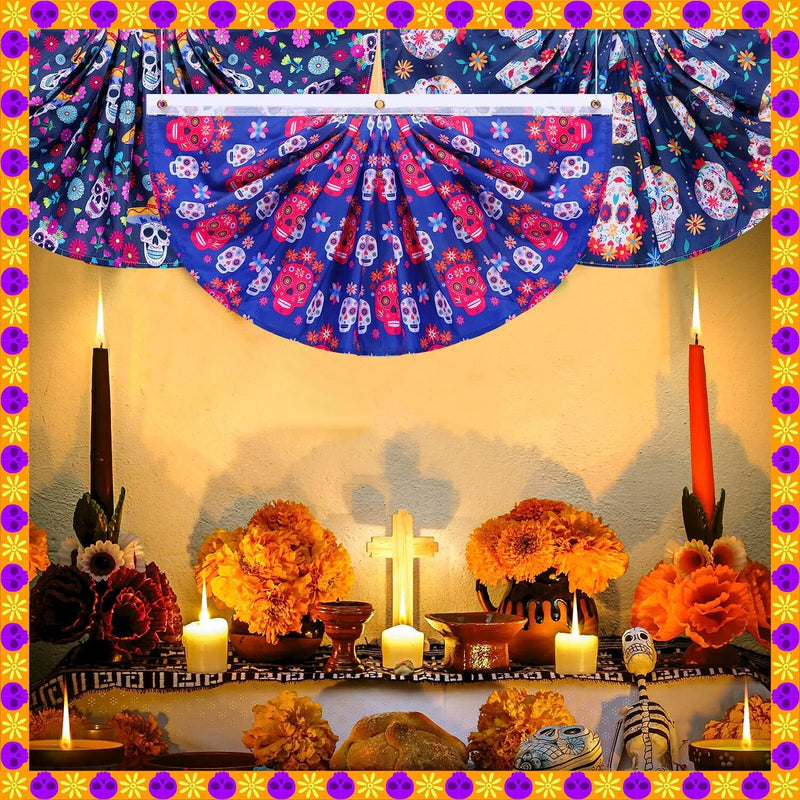 6 Pieces Halloween Bunting Flag Day of The Dead Bunting Flag Pleated Fan Flag 1.5 x 3 Feet Flag Bunting for Porch Yard Hanging Bunting