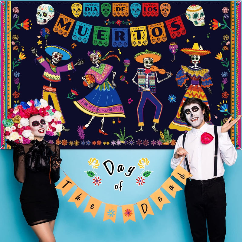Day of The Dead Backdrop for Mexican Fiesta Sugar Skull Flowers Background Dia DE Los Muertos Birthday Halloween Party Supplies (Dance)