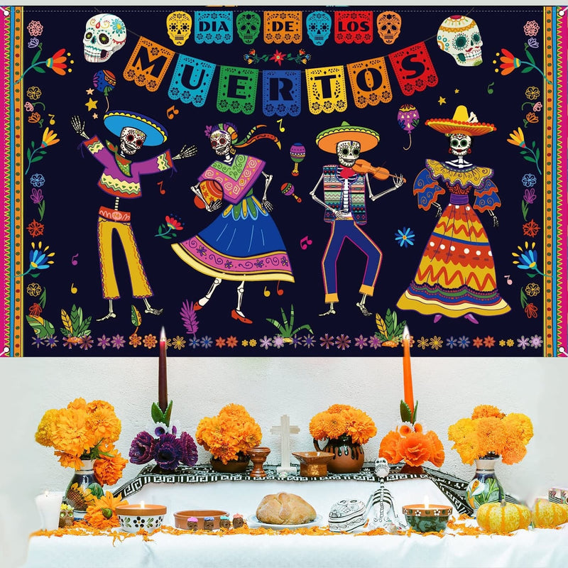 Day of The Dead Backdrop for Mexican Fiesta Sugar Skull Flowers Background Dia DE Los Muertos Birthday Halloween Party Supplies (Dance)