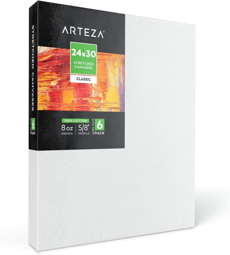 Stretched Canvas | Pack of 6, 24 x 30 Inches, Blank White Canvases, 100% Cotton, 8 oz Gesso-Primed, Art Supplies