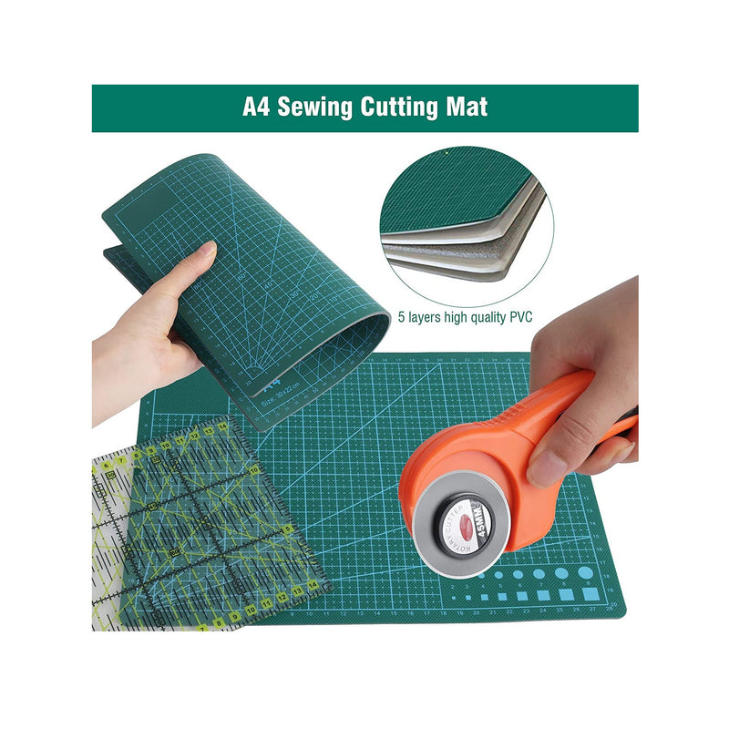 Headley Tools Rotary Cutter Set - 45mm Fabric Cutter, 5 Extra Rotary Blades, A3 Cutting Mat, Quilting Ruler and Sewing Clips, Craft Knife Set, Ideal