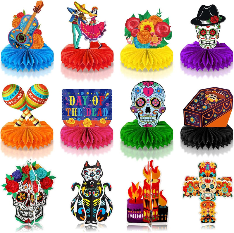 12 Pieces Day of the Dead Honeycomb Centerpieces | Dia De Los Muertos Table Decorations Sugar Skull Party Table Topper Cutout