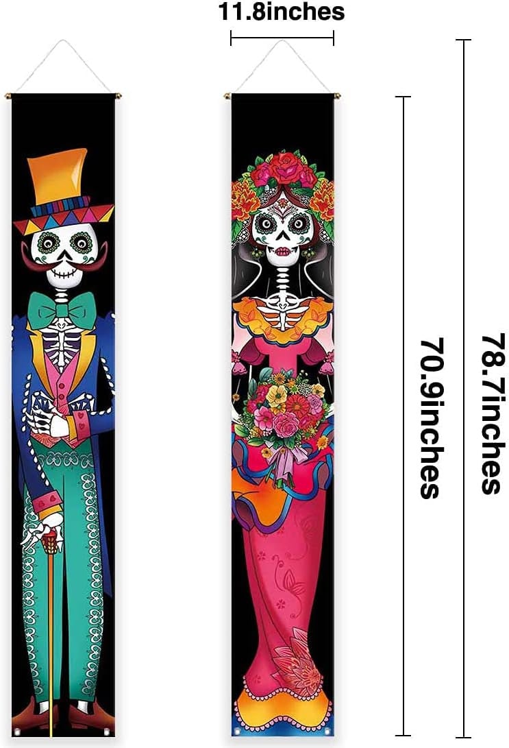 Allenjoy Day of The Dead Porch Sign Door Banner for Halloween Costume Mexico Dia De Los Muertos | Party Supplies   11.8x70.9 Inch 2PCS